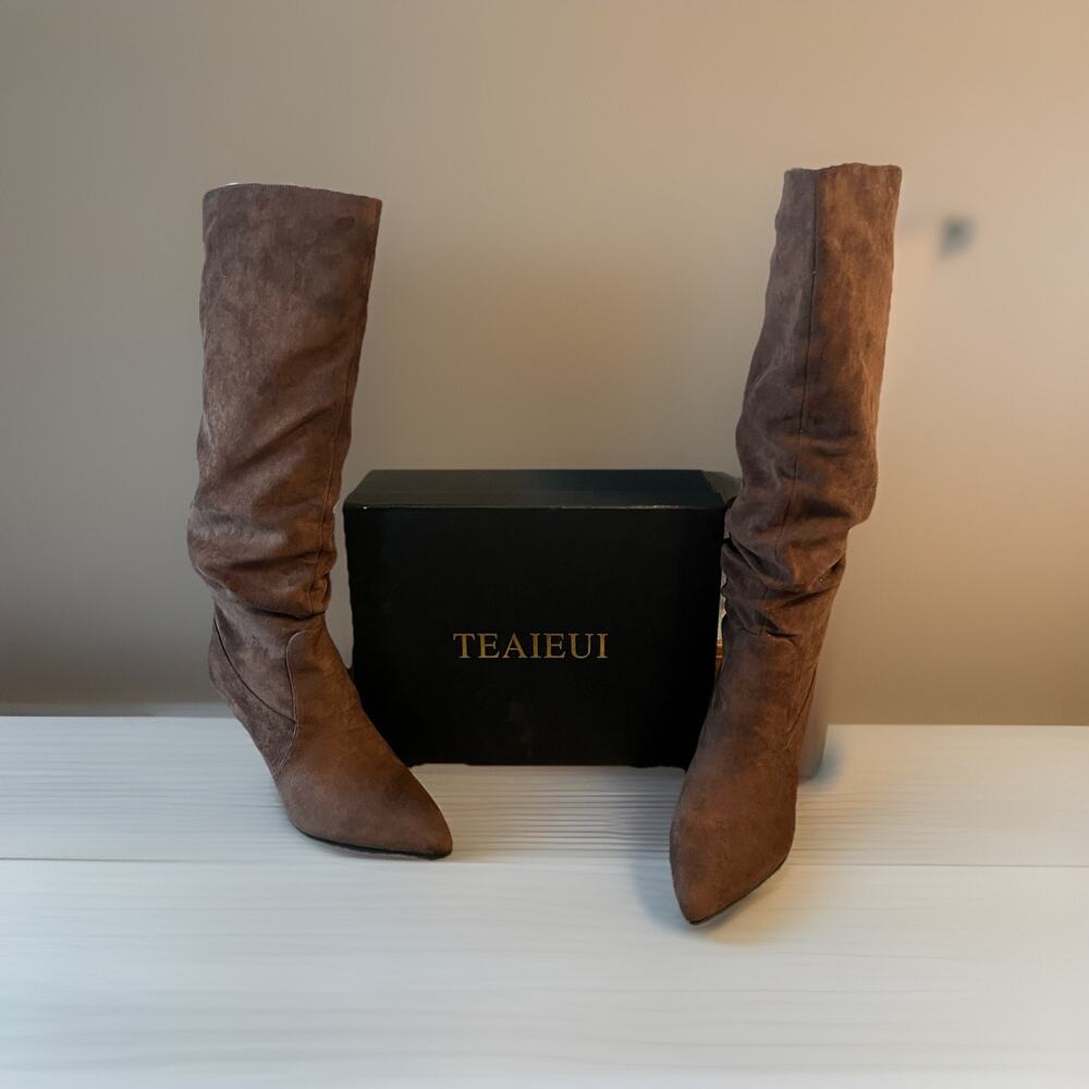 TEAIEUI Knee High Boots Slouch Suede Heels Y2K Boho Western Festival 8.5 - Picture 2 of 7
